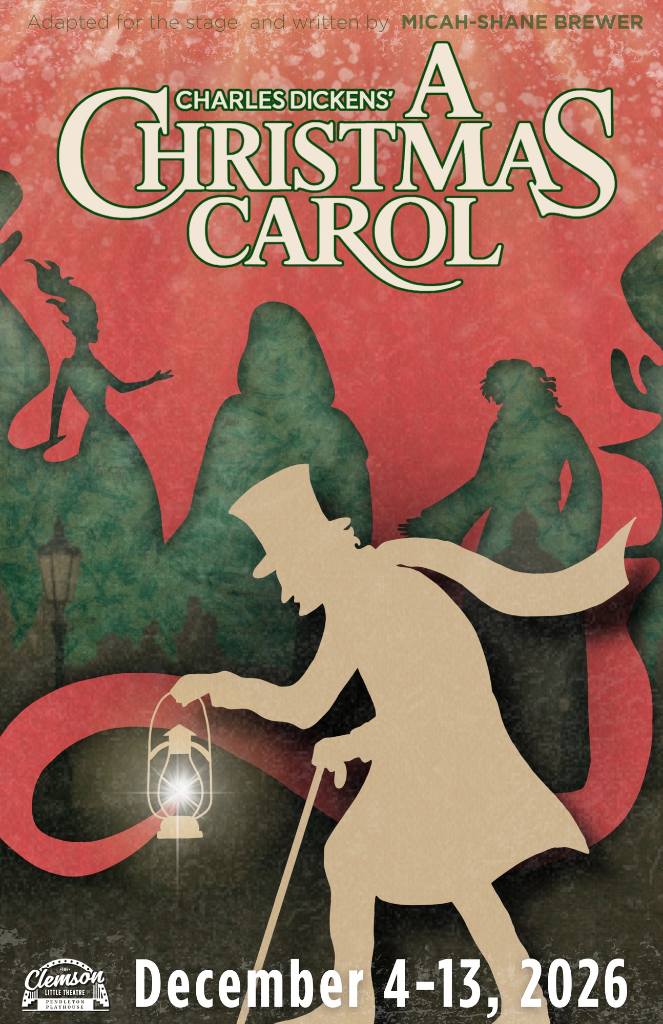 Ebenezer Scrooge walks a foggy street with a lantern, trailed by the ghostly spirits of Christmas — Charles Dickens' A Christmas Carol